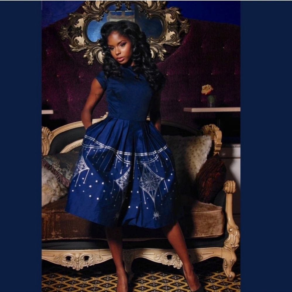 PINUP GIRl CLOTHING KATRINA DAY DRESS BLUE & SILVER DECO SPIDERWEB NWT XL